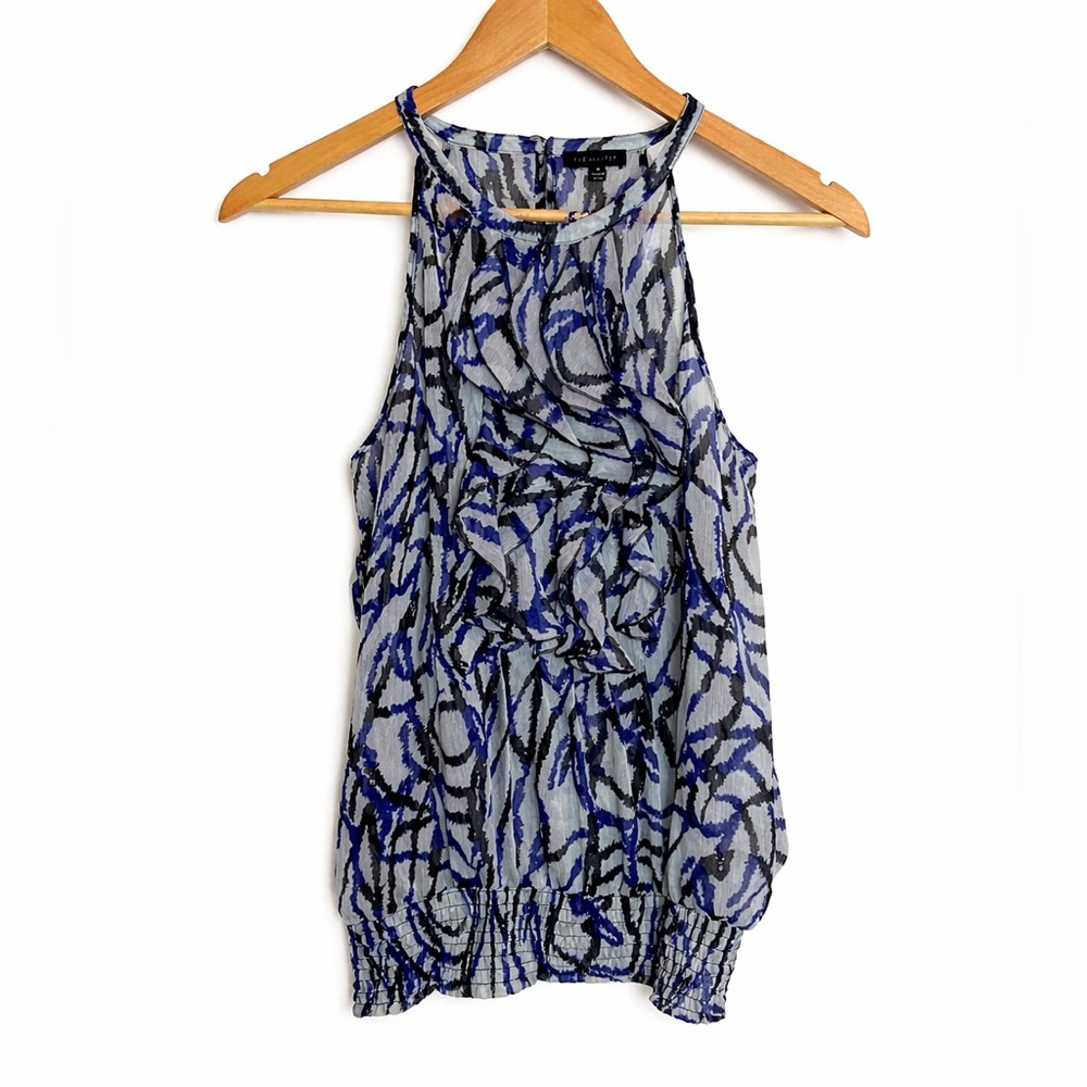 The Limited Blue and Black Abstract Ruffle Camisole